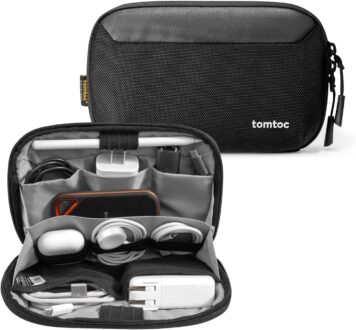 tomtoc Travel Cable Organizer Pouch, Electronics Accessories Organizer Portable Waterproof Double Accessories Carry Case for Cord, Charger, Cables, USB Drive, Black