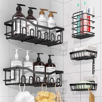 Adhesive Shower Caddy, 5 Pack Shower Organizer Hanging with Large Capacity Stainless Steel Shower Organizers and Storage Rustproof Shower Shelf for Inside Shower, No Drilling, Black