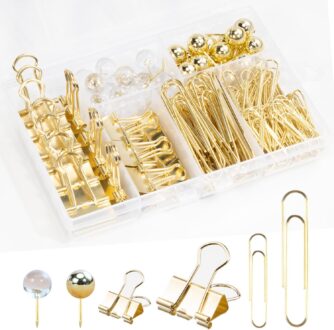 Gold Paper Clips Binder Clips Set,160Pcs Gold Office Supplies and Accessories with Gold Paperclips & Large Small Paper Binder Clips Push Pins for Home, School, Office Supplies,Desk Accessory