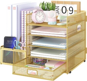 EOOUT Gold Organizers and Accessories, 5-Tier Paper Letter Tray Organizer with Magazine Holder, Desktop Organizer with Drawer for Office Supplies, Office Desk Accessories & Workspace(Gold)