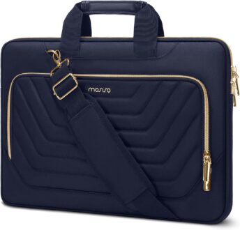 MOSISO Laptop Shoulder Bag,15-15.6 inch Computer Bag Compatible with MacBook Pro 16, HP, Dell, Lenovo, Asus Notebook,Messenger Bag with Front Inverted Trapezoid Quilted Pocket & Belt, Navy Blue