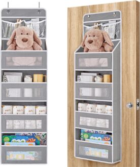 JARLINK 5-Shelf Over Door Organizer Storage, Upgrade Hanging Storage with Clear Window, 50 lbs Load Storage Organizer for Bedroom, Bathroom, Nursery, Baby Kids Toys, Diapers, Pantry, Grey