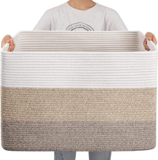 OIAHOMY Super Large Blanket Basket, 25”x16”x16”(108L) Rectangle Woven Baskets for Storage, Cotton Rope Basket For Living Room, Toy Basket with Handle, Basket for Organizing- Gradient Brown