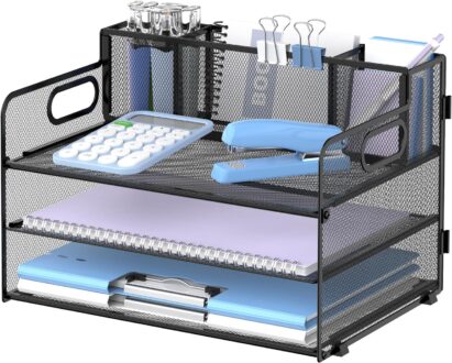SUPEASY 3 Tier Desk Organizer with Handle & 3 Pen Holders, Mesh Paper/File Organizer for Desk, Paper Letter Tray Organizer for Office Supplies (Black)